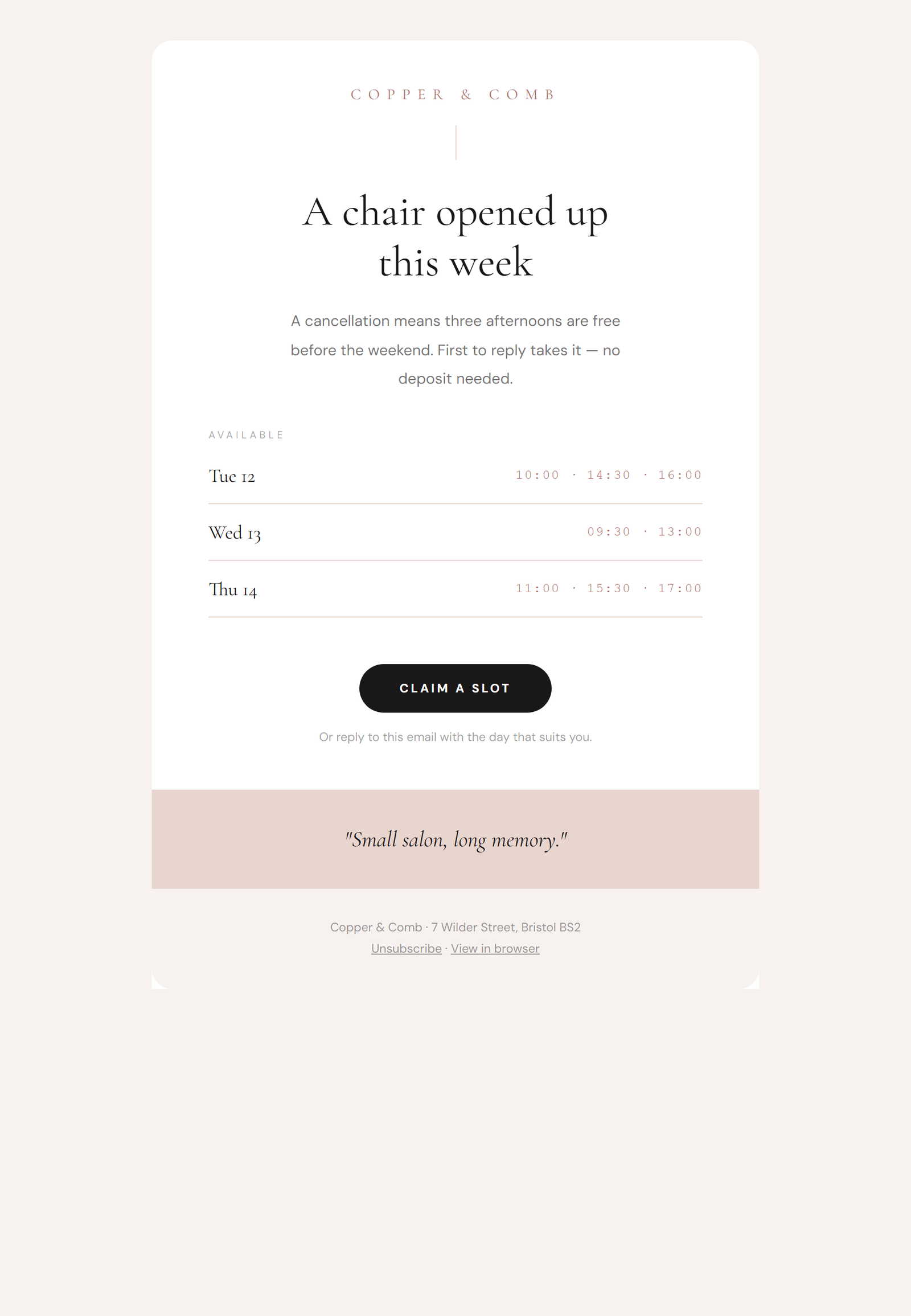 A last-minute cancellation slot email we designed and sent for a barbershop
