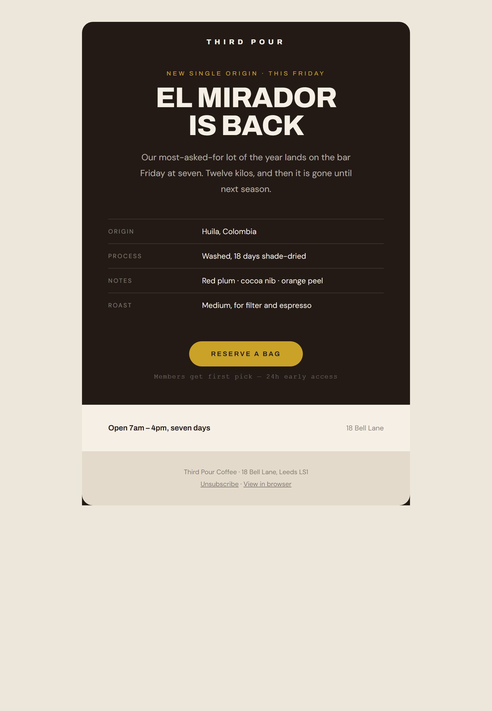 A single-origin coffee drop email we designed and sent for a coffee roaster