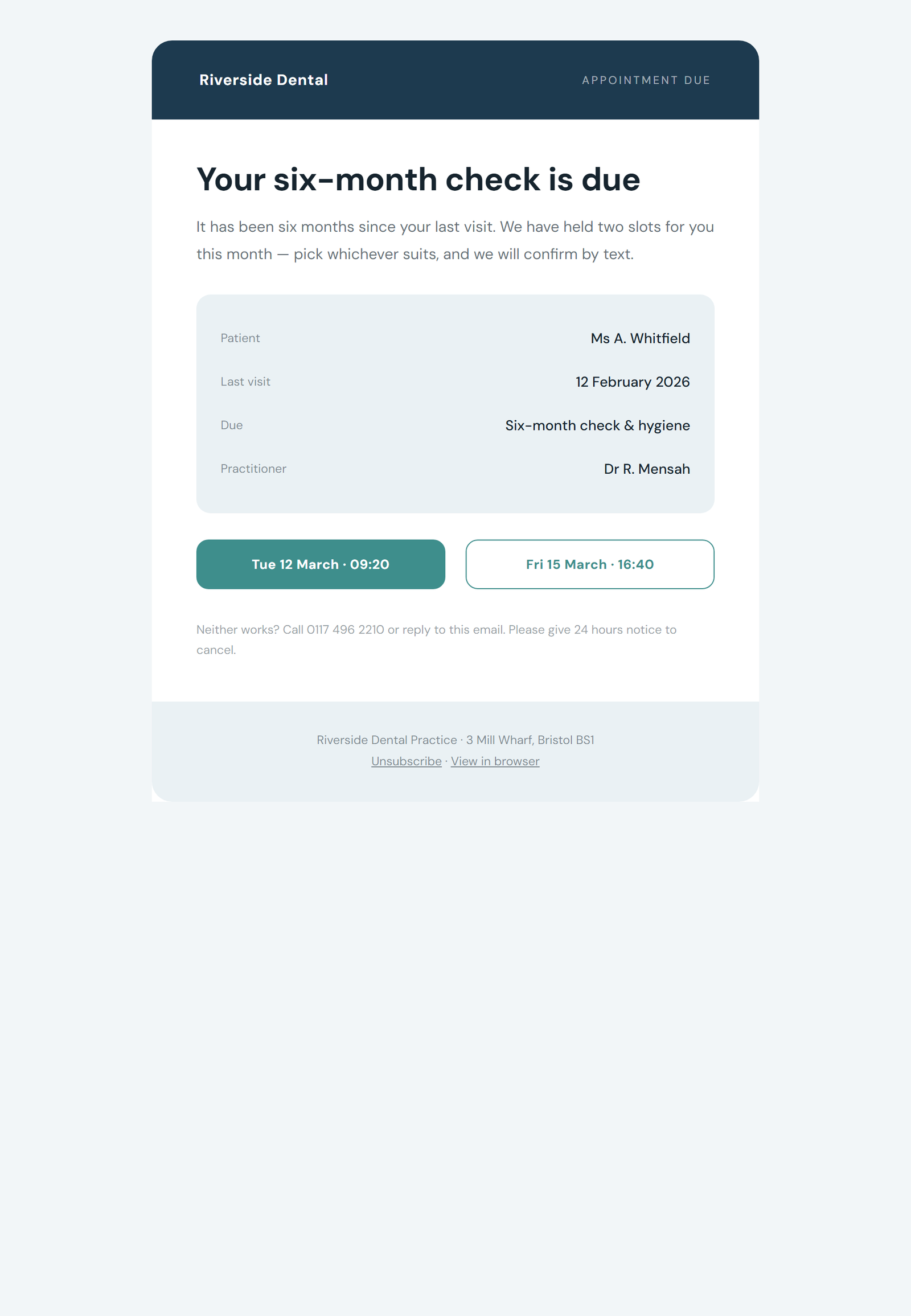 A six-month check-up reminder email we designed and sent for a dental practice