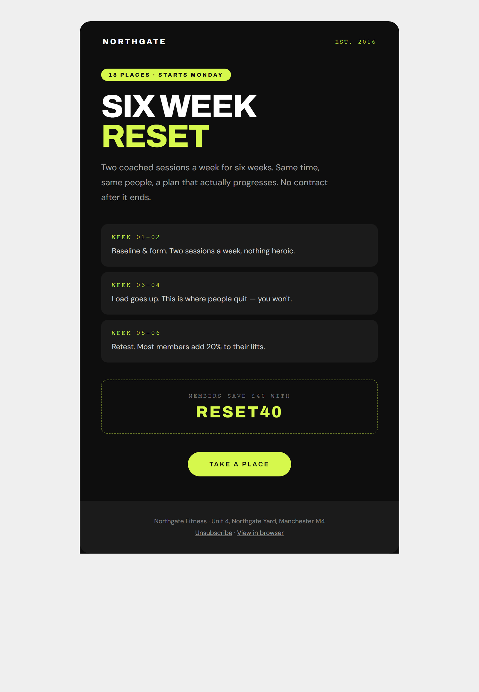 A programme launch email we designed and sent for a fitness studio